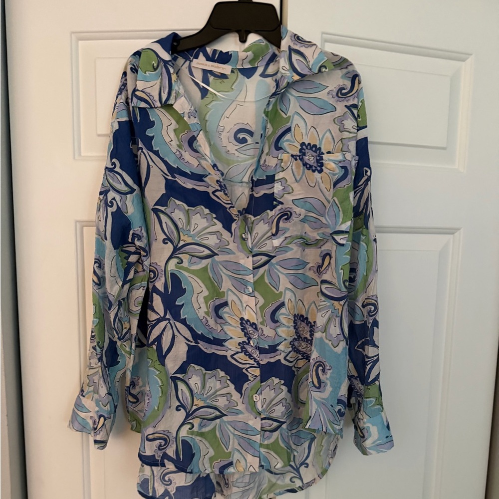 Pookie & Sebastian Womens Blue Floral Button-Front Blouse med